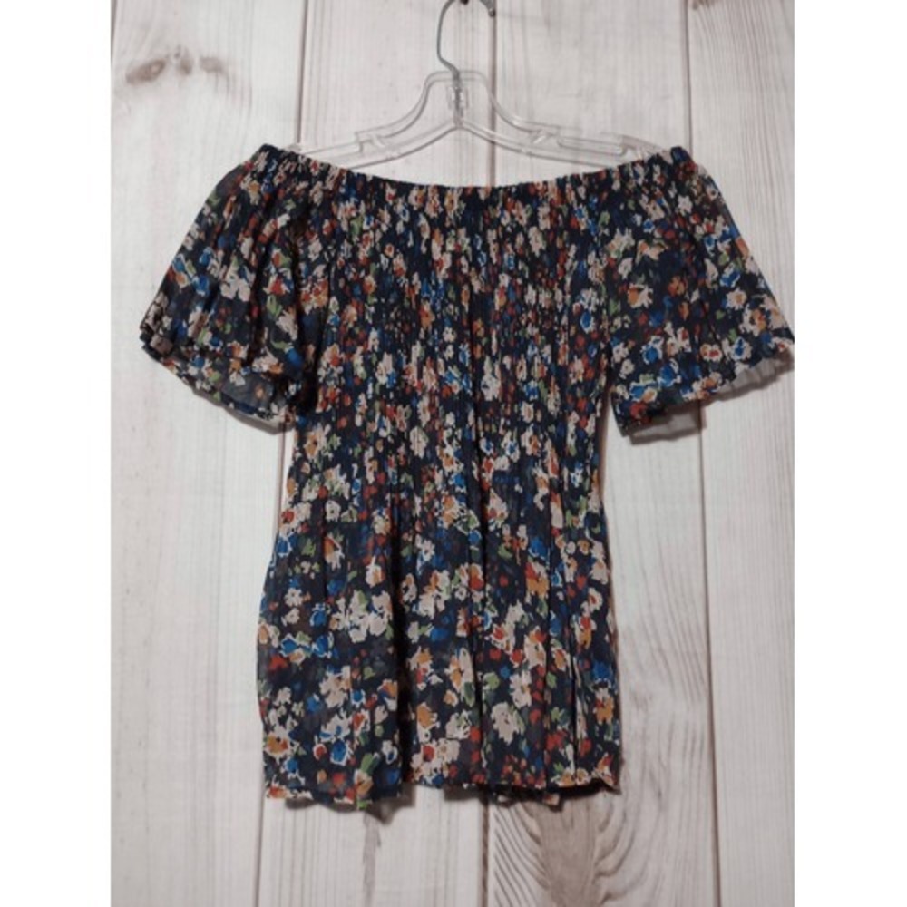 Potters Pot Shirt Ladies Small Navy Floral‎ Semi Sheer
